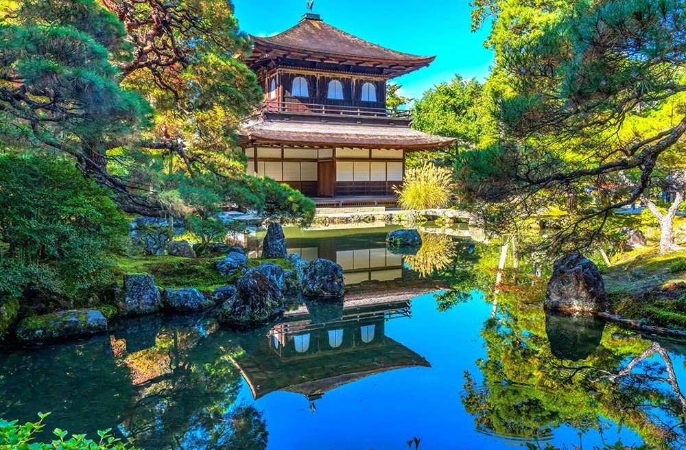 Colorful reflection, Kannon Hall, Ginkakuji (Silver Pavilion) Zen Buddhist Temple, Kyoto, Japan.
